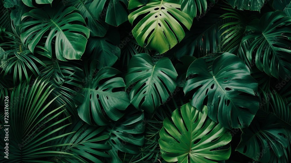 Group background of dark green tropical leaves ( monstera, palm, coconut leaf, fern, palm leaf,bananaleaf) background. concept of nature