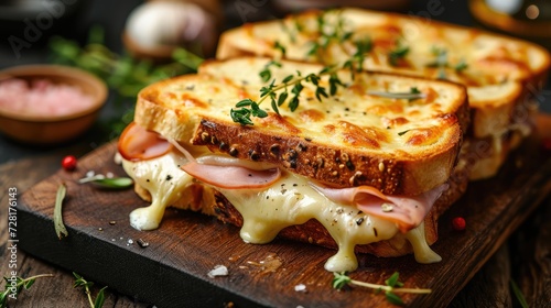 A hot sandwich with gooey melted cheese and savory ham, Ai Generated. photo