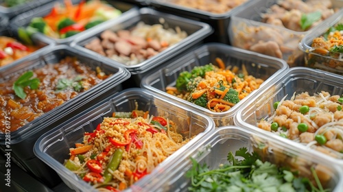 Modern Thai food lunch boxes in plastic packages, a convenient and delicious option, Ai Generated.