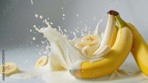 milk splash with fresh bananas against a white background, a wholesome display, Ai Generated.