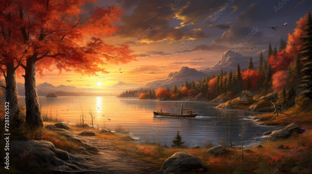 Autumn sunset view bathes the scene in warm light, nature's farewell embrace, Ai Generated - obrazy, fototapety, plakaty 