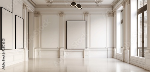 A sophisticated art gallery with an empty frame, suspended elegantly against a white wall.
