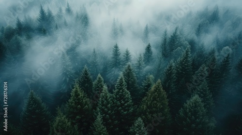 Aerial perspective captures fog shrouding dark pine forest trees, an ethereal landscape, Ai Generated