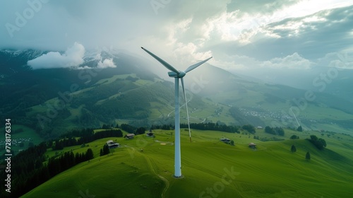 Aerial view captures a wind turbine standing tall in Monchhof, Austria's picturesque landscape, Ai Generated