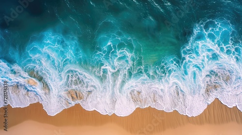 Aerial view showcases a sandy beach near the sea, waves gently lapping the shore, Ai Generated © Crazy Juke