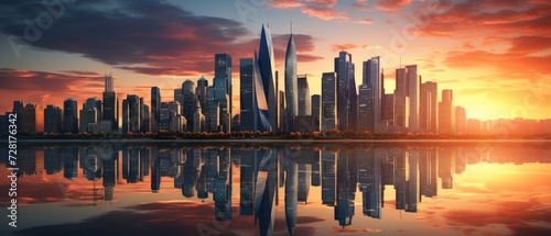 Modern skyscrapers reflect in calm river waters near a bridge under a cloudy sunset sky  Ai Generated