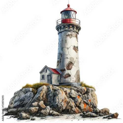 Detailed photorealistic illustration of a lighthouse isolated on a white background, Ai Generated.