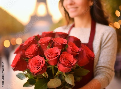 Florist with red roses bouquet on the street at Paris. On the background, Eiffel Tower blurred. City of love. Valentine Day Celebration.