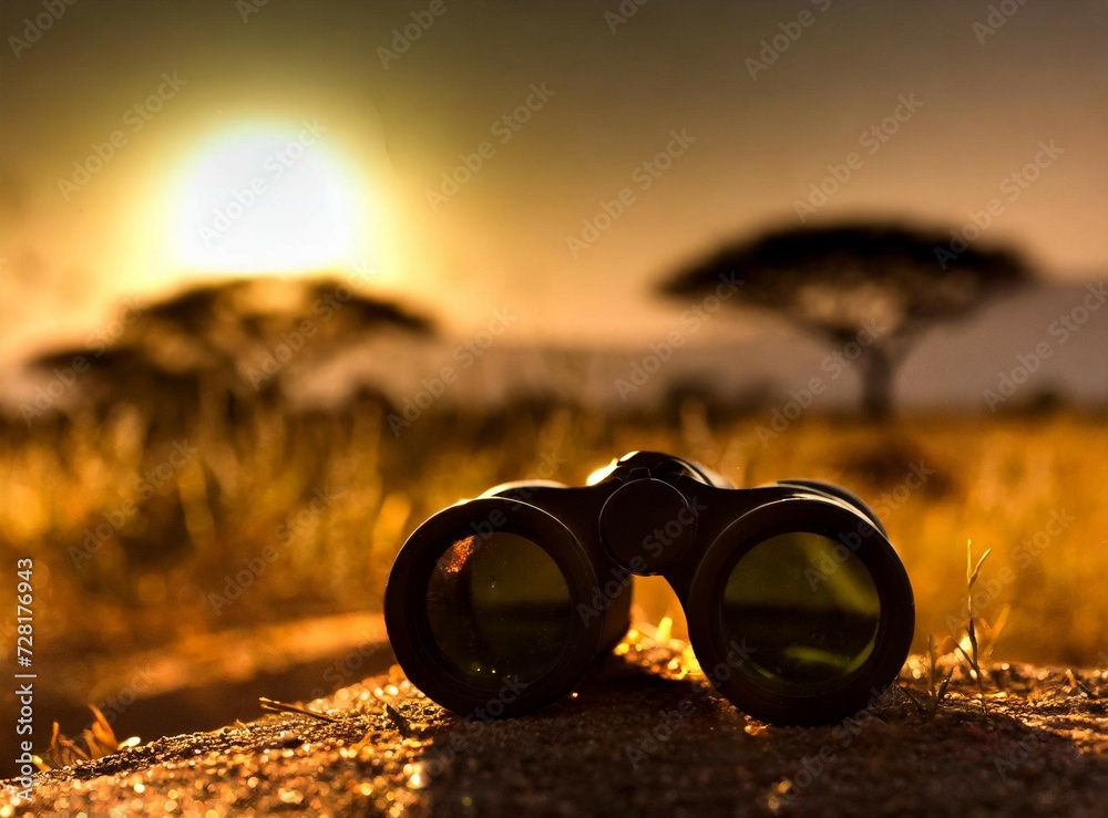 Binoculars. African Savanna Safari Tourism Background.