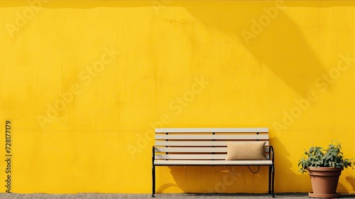 An empty bench for relaxing near the yellow house. photo