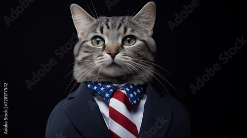 Cat wearing suit necktie flag american pattern on dark background. 4th of July USA Independence Day. presentation. advertisement. invite invitation. copy text space.