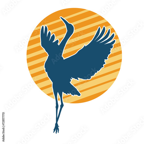 Silhouette of crane bird in elegant pose isolated on white background.