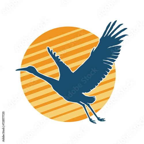 Silhouette of crane bird in elegant pose isolated on white background.