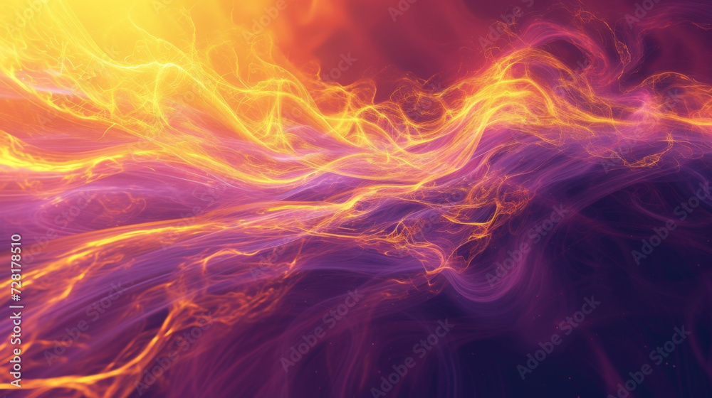 Intricate lines of plasma shoot outwards swirling and intertwining with the force of a solar flare. The colors shift from vibrant yellows to deep purples representing the