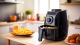 Modern electric french fries machine with french fries on the table in the kitchen