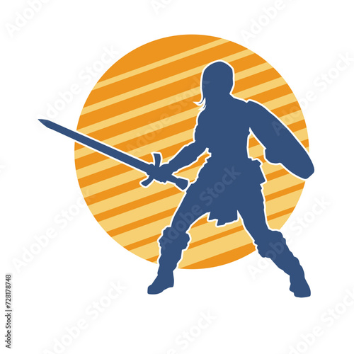 Silhouette of a female warrior in battle armor carrying sword weapon and iron shield.
