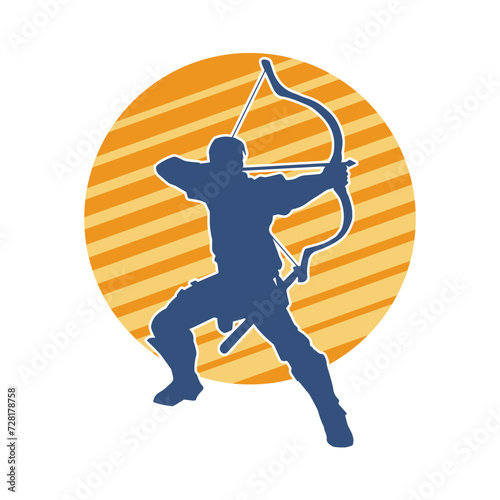 Silhouette of a male archer warrior in action pose. Silhouette of a man fighter carrying archery weapon.