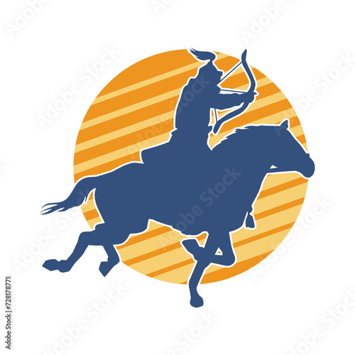 Silhouette of an ancient cavalry soldier aiming with archery weapon. Silhouette of an archer on his running horse.