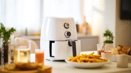 Modern electric coffee machine with french fries on the table in the kitchen