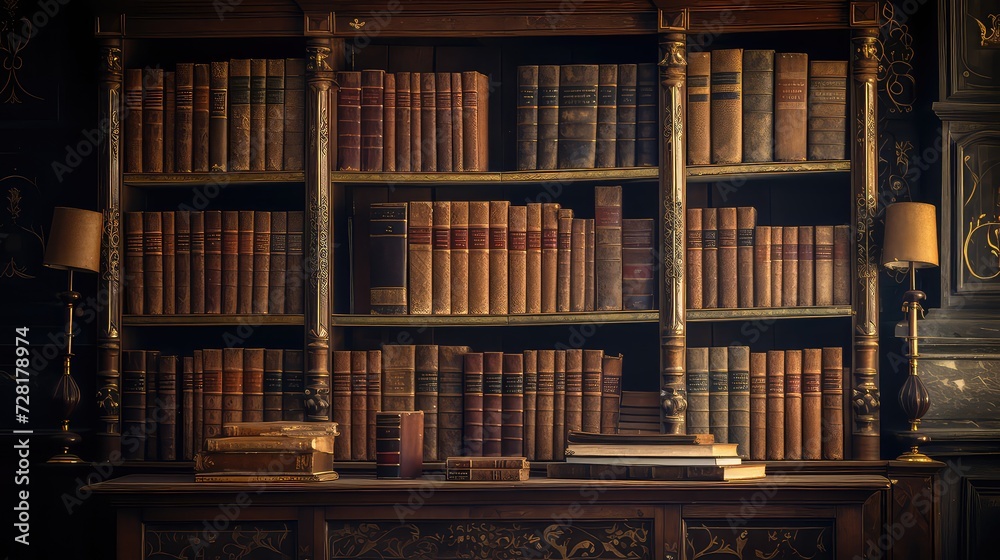 Antique bookshelf with old books in the dark room. Antique bookshelf with old books in the dark room.