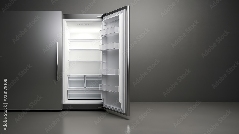 Open empty refrigerator on dark grey background. 3D Rendering.