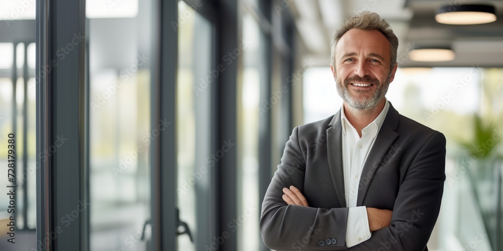 Smiling confident mature businessman looking at camera standing in office. Elegant stylish corporate leader successful ceo executive manager Smiling confident mature businessman looking at camera standing in office. Elegant stylish corporate leader successful ceo executive manager