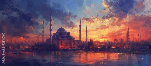 Mosque Art Unveils Majestic City Skyline with Mesmerizing Mosque, City, Sky, and Art in Perfect Harmony