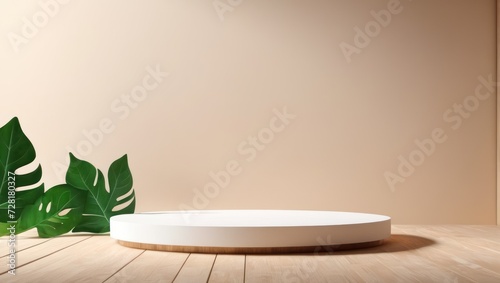 3d podium with green leaf shadow  ideal for natural beauty product displays.