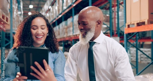 Team, engineer and high five in warehouse with tablet for success, shipping or smile. Celebration, mature black man and factory supervisor with achievement, winning or cheers for inventory management photo