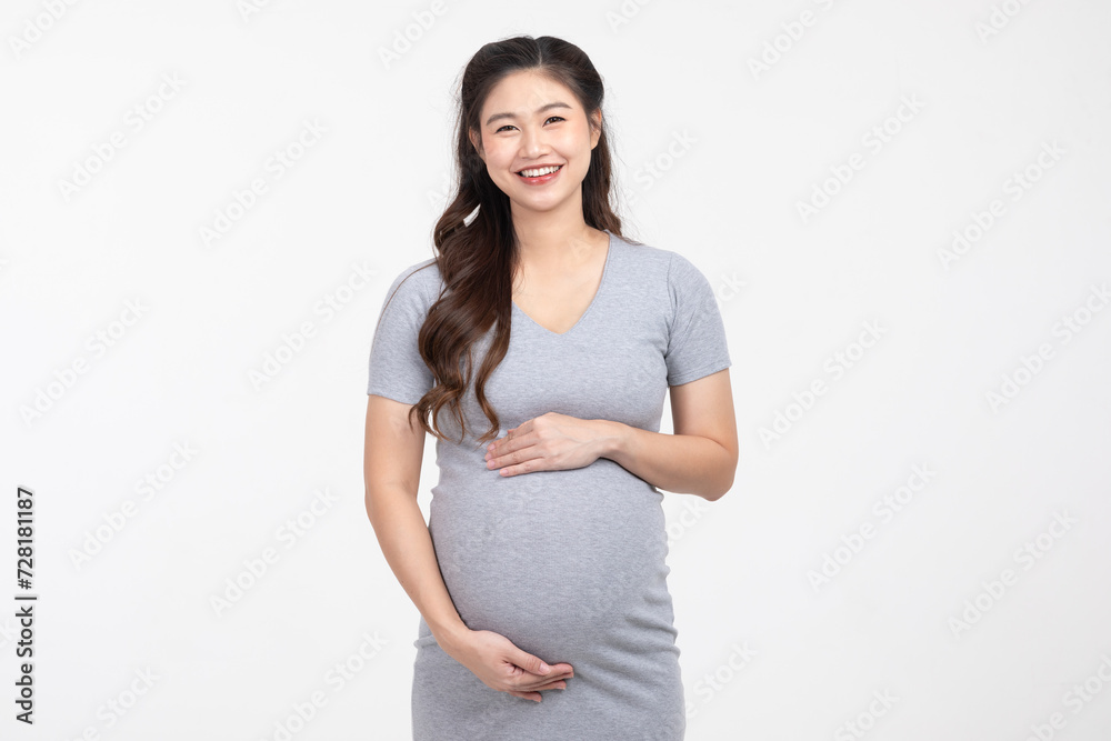 Happy Pregnant Woman standing smile and stroking big belly with love isolated on white background,Pregnancy of young woman enjoy with future life,Motherhood and Pregnant Concept Happy Pregnant Woman standing smile and stroking big belly with love isolated on white background,Pregnancy of young woman enjoy with future life,Motherhood and Pregnant Concept