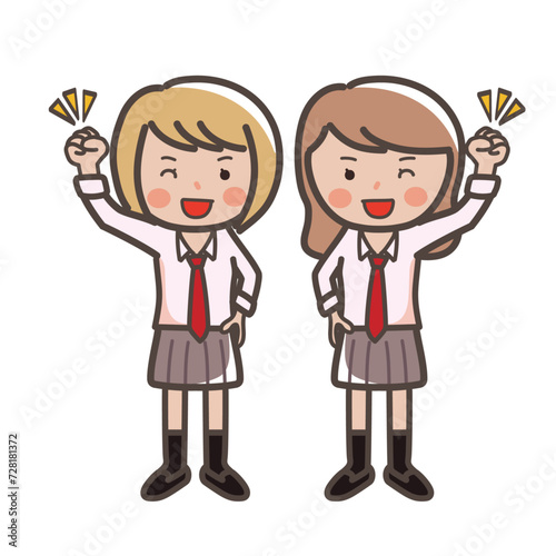 笑顔でガッツポーズをするかわいい仲良し女子高生2人のイラスト