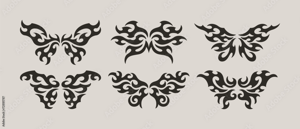 Neo Tribal Tattoo Wings Set. Y2K Tattoo Butterflys. Vector Black Emo Gothic Illustrations in Cyber Sigil 2000s Style