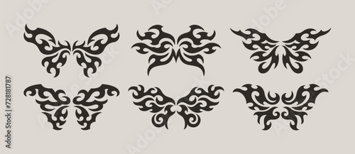 Neo Tribal Tattoo Wings Set. Y2K Tattoo Butterflys. Vector Black Emo Gothic Illustrations in Cyber Sigil 2000s Style
