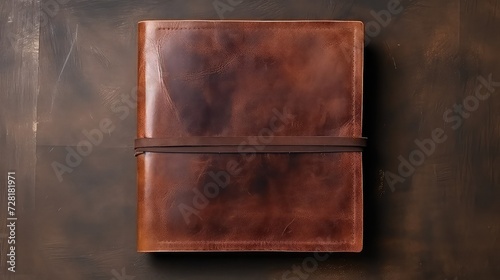 Vintage leather book on wooden background. Top view with copy space
