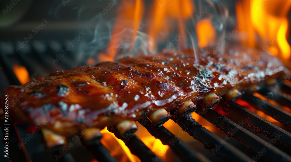 As the flames lick and kiss the tender pork ribs a sweet and y barbecue glaze caramelizes on the surface delivering a burst of fiery flavor from the depths of the American As the flames lick and kiss the tender pork ribs a sweet and y barbecue glaze caramelizes on the surface delivering a burst of fiery flavor from the depths of the American