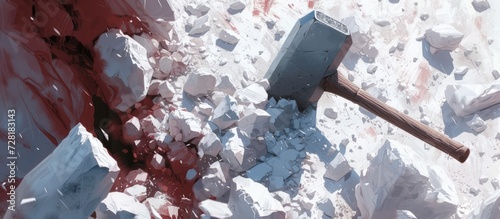 Hammer smashes white rocks, creating a powerful display of force and intensity as the hammer relentlessly smashes, smashes, and smashes the white rocks.