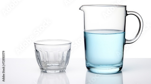 Transparent glass jug and glass cup with water on white background.
