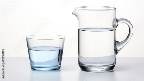 Transparent glass jug and glass cup with water on white background.