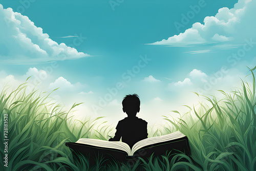 Silhouette of a young boy enjoying reading