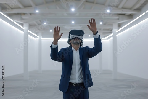 Executive Exploring Virtual Reality in Futuristic Setting.