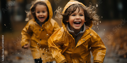 Happy smiling children in yellow raincoat and rubber boots walking on the street and having fun together Happy young kids laughing and splashing water in raincoats during a playful rainy day outdoors.