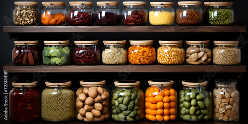 a row of canned food arranged shelf full of various dried herbs in glass jars neatly arranged each filled with vibrant spices capturing the essence of contemporary culinary aesthetics.