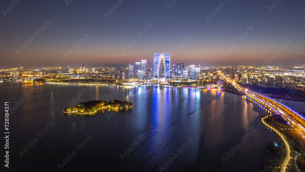 Aerial photography of the night view of the city by Jinji Lake in Suzhou.. .笔记.