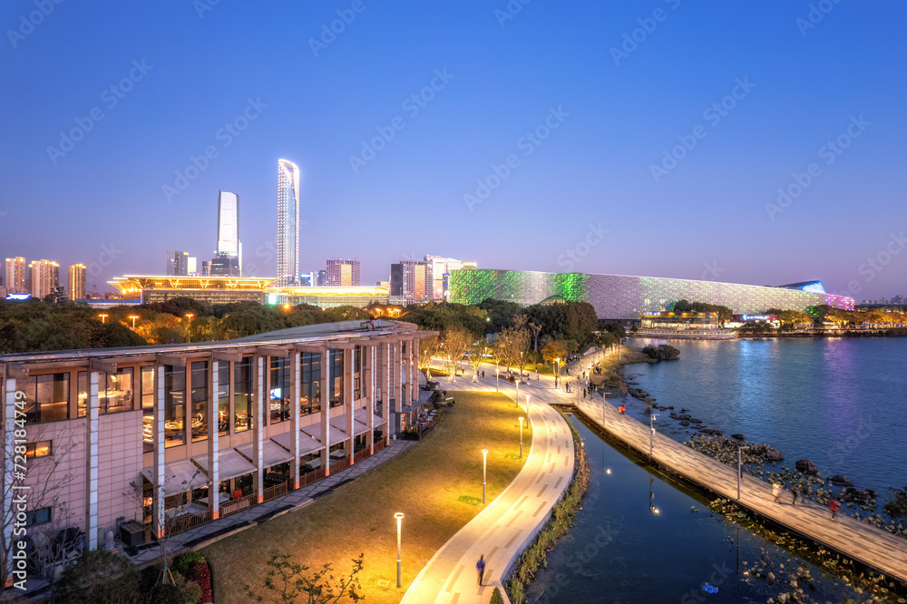 Fototapeta premium Aerial photography of the night view of the city by Jinji Lake in Suzhou.. .笔记.