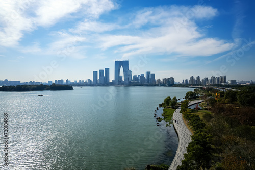 Aerial photography of the urban landscape of Jinji Lake in Suzhou