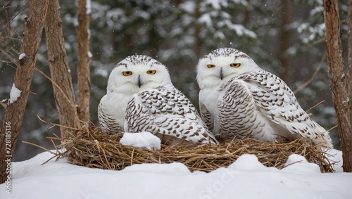 A family of snowy owls nestled together in a cozy, snow-draped nest Generative AI © Haroon