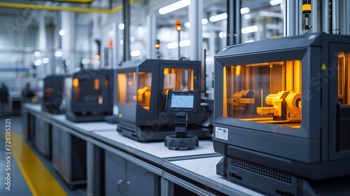 Impressoras 3 D em ação em uma planta de manufatura produzindo protótipos e componentes representando a inovação e eficiência da manufatura aditiva