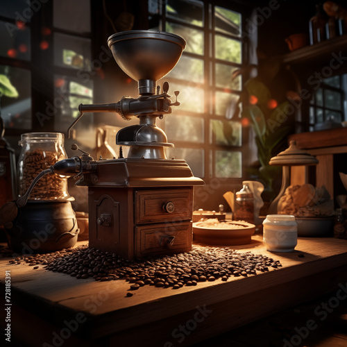 Vintage coffee grinder surrounded by aromatic coffee beans in a white isolated setting, evoking a cozy and nostalgic atmosphere