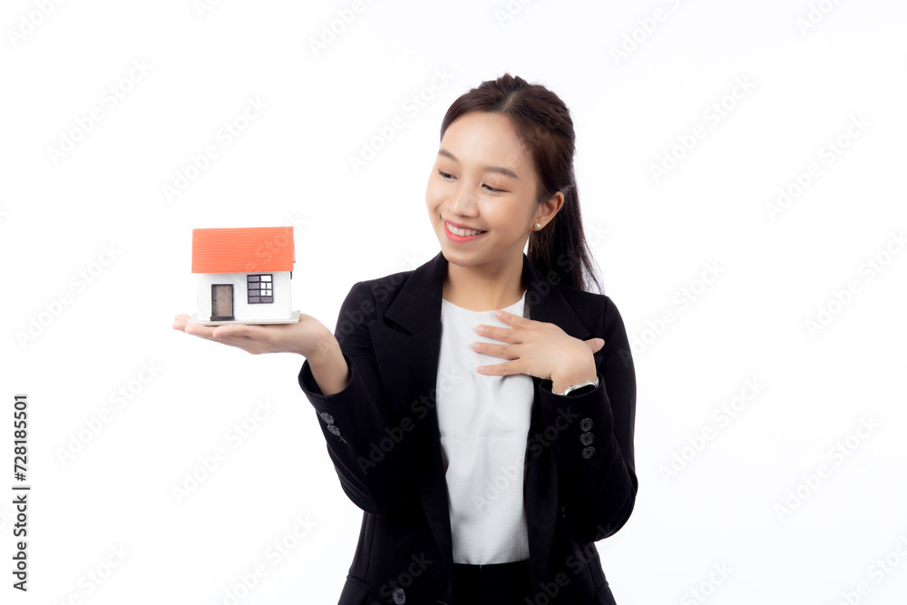 Portrait young asian businesswoman holding house for mortgage isolated white background, agent insurance business woman holding home for investment and presenting, female show home with excited. Portrait young asian businesswoman holding house for mortgage isolated white background, agent insurance business woman holding home for investment and presenting, female show home with excited.