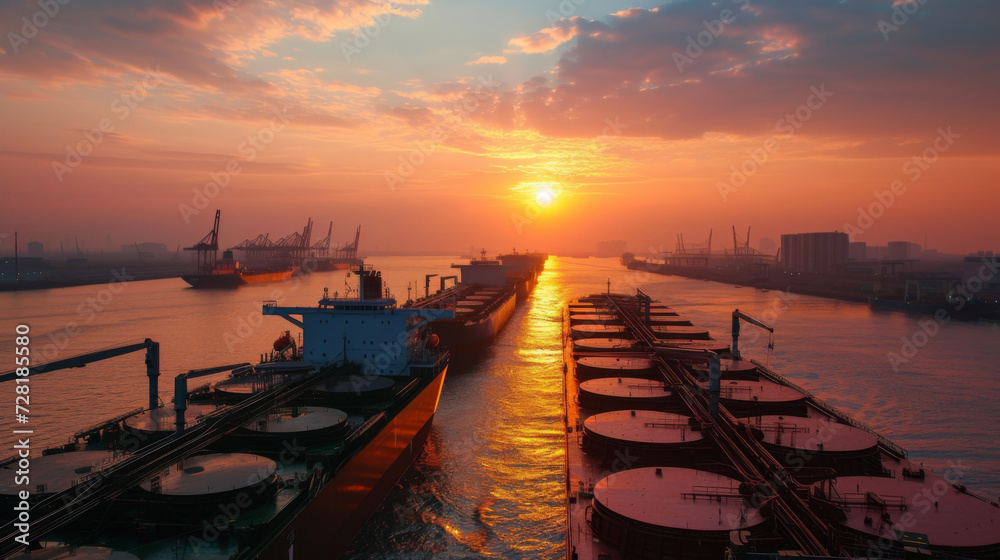 As the sun sets over the horizon a fleet of grain carriers can be seen lined up at the port ready for their next trip their routes optimized for maximum efficiency.